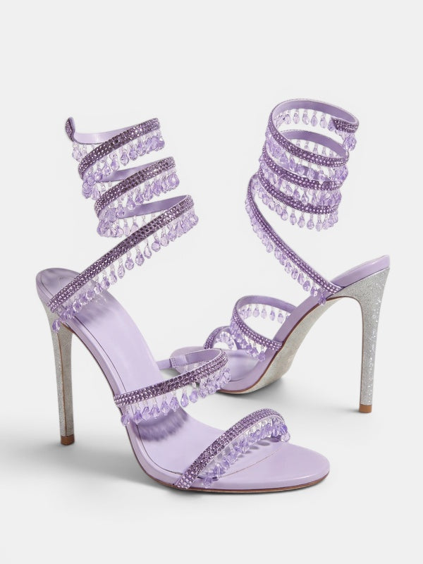 Gleamond | Women's Wraparound Sandals with Crystal Fringe and Stiletto Heel Gleamond
