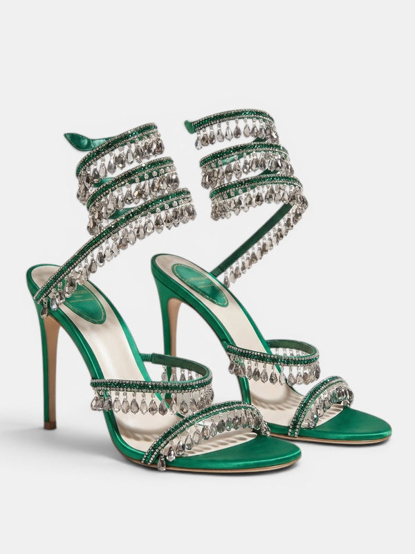 Gleamond | Women's Wraparound Sandals with Crystal Fringe and Stiletto Heel Gleamond