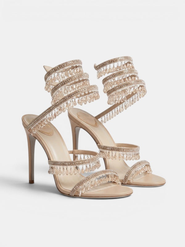 Gleamond | Women's Wraparound Sandals with Crystal Fringe and Stiletto Heel Gleamond