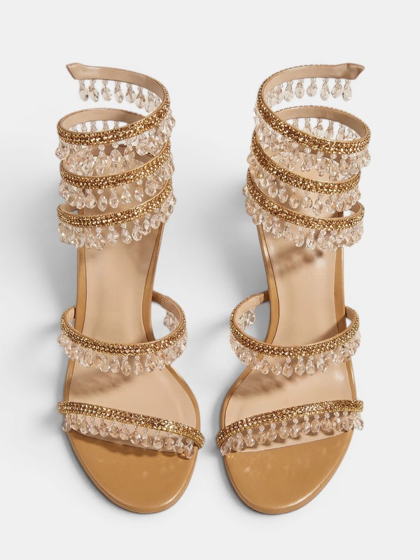 Gleamond | Women's Wraparound Sandals with Crystal Fringe and Stiletto Heel Gleamond