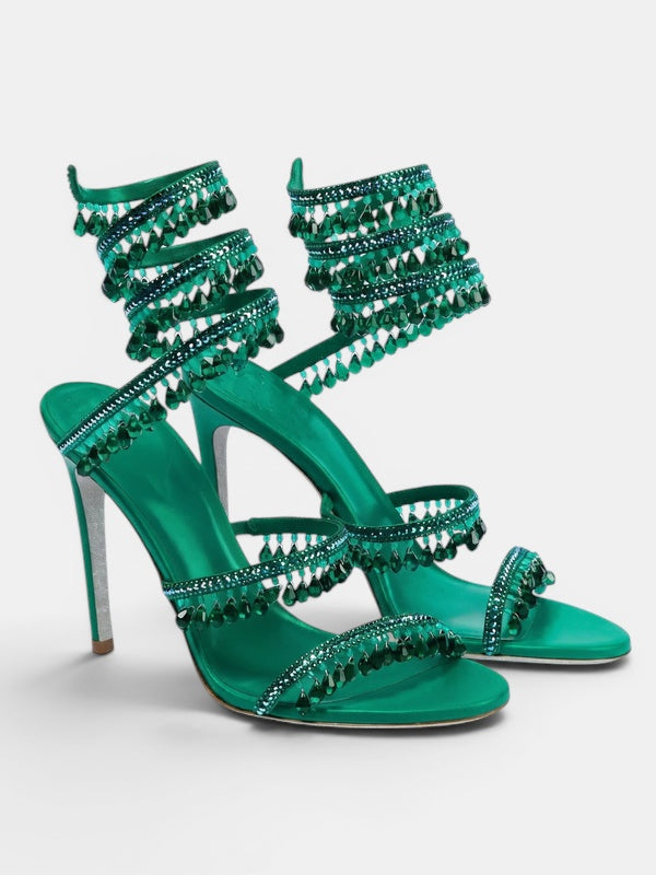 Gleamond | Women's Wraparound Sandals with Crystal Fringe and Stiletto Heel Gleamond