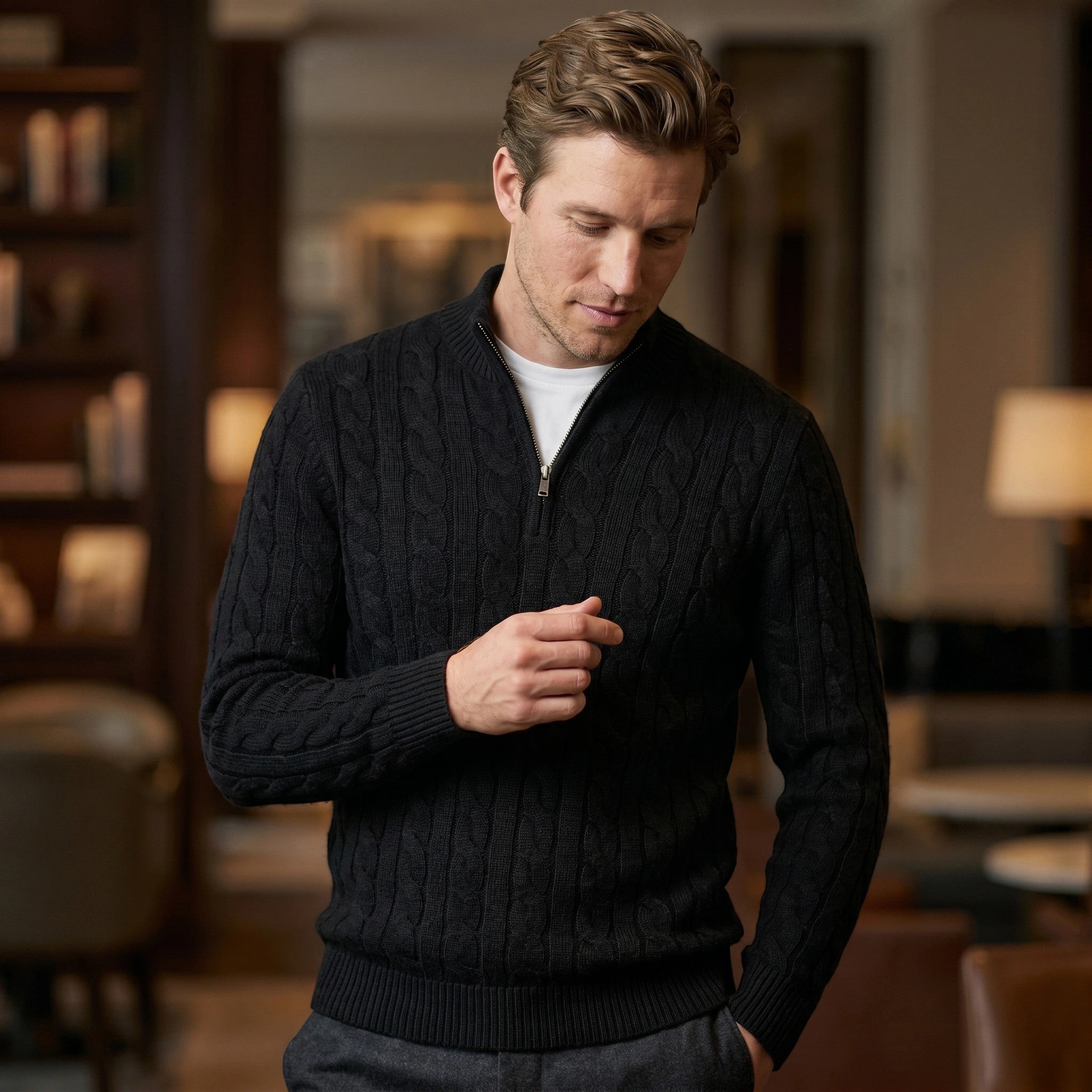 Men’s Quarter Zip Knit Sweater Classic Cable Texture SnugBubs Australia