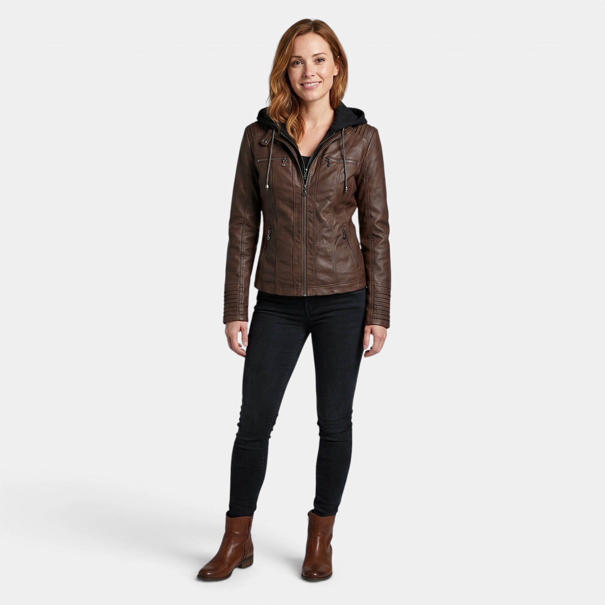 Women's Hooded Leather Jacket Slim Fit Zip Up Coat SnugBubs Australia