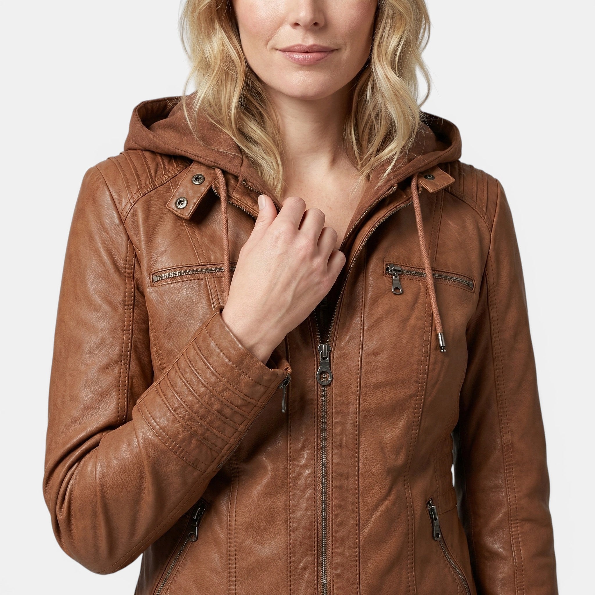 Women's Hooded Leather Jacket Slim Fit Zip Up Coat SnugBubs Australia