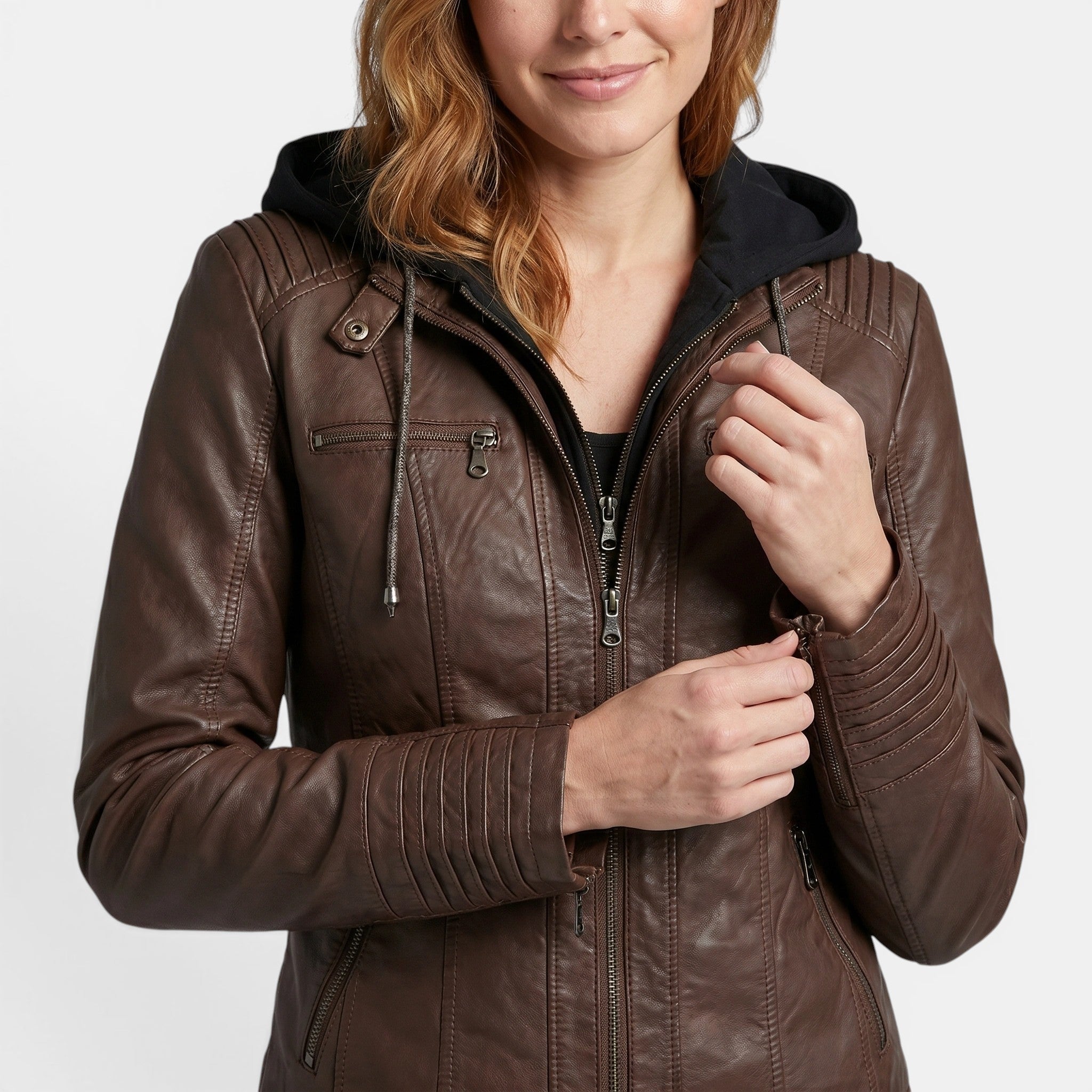 Women's Hooded Leather Jacket Slim Fit Zip Up Coat SnugBubs Australia
