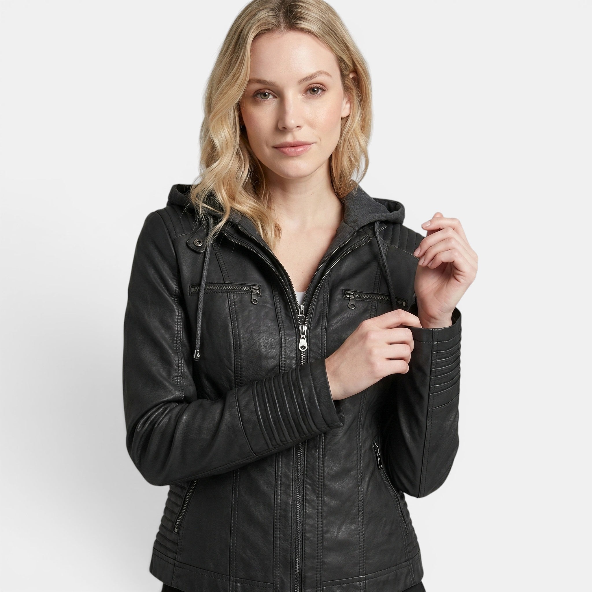 Women's Hooded Leather Jacket Slim Fit Zip Up Coat SnugBubs Australia