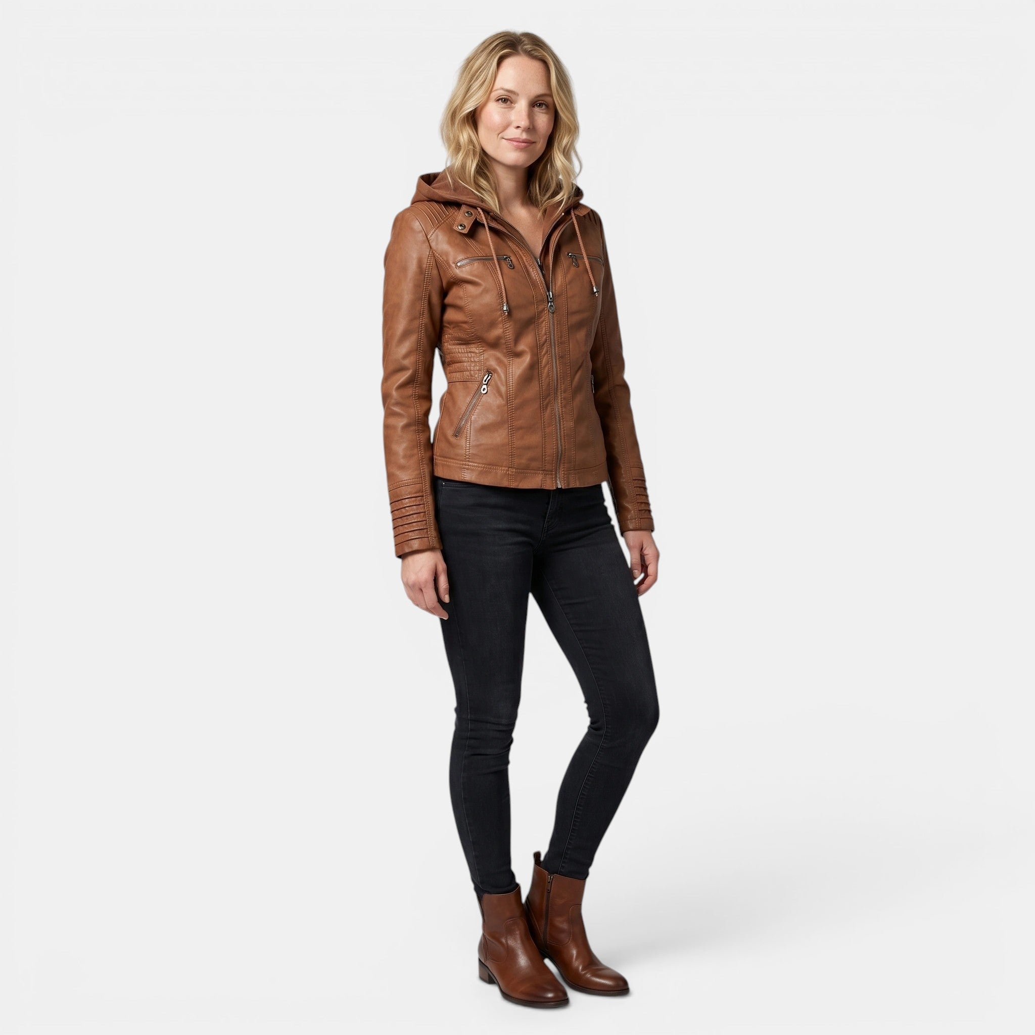 Women's Hooded Leather Jacket Slim Fit Zip Up Coat SnugBubs Australia