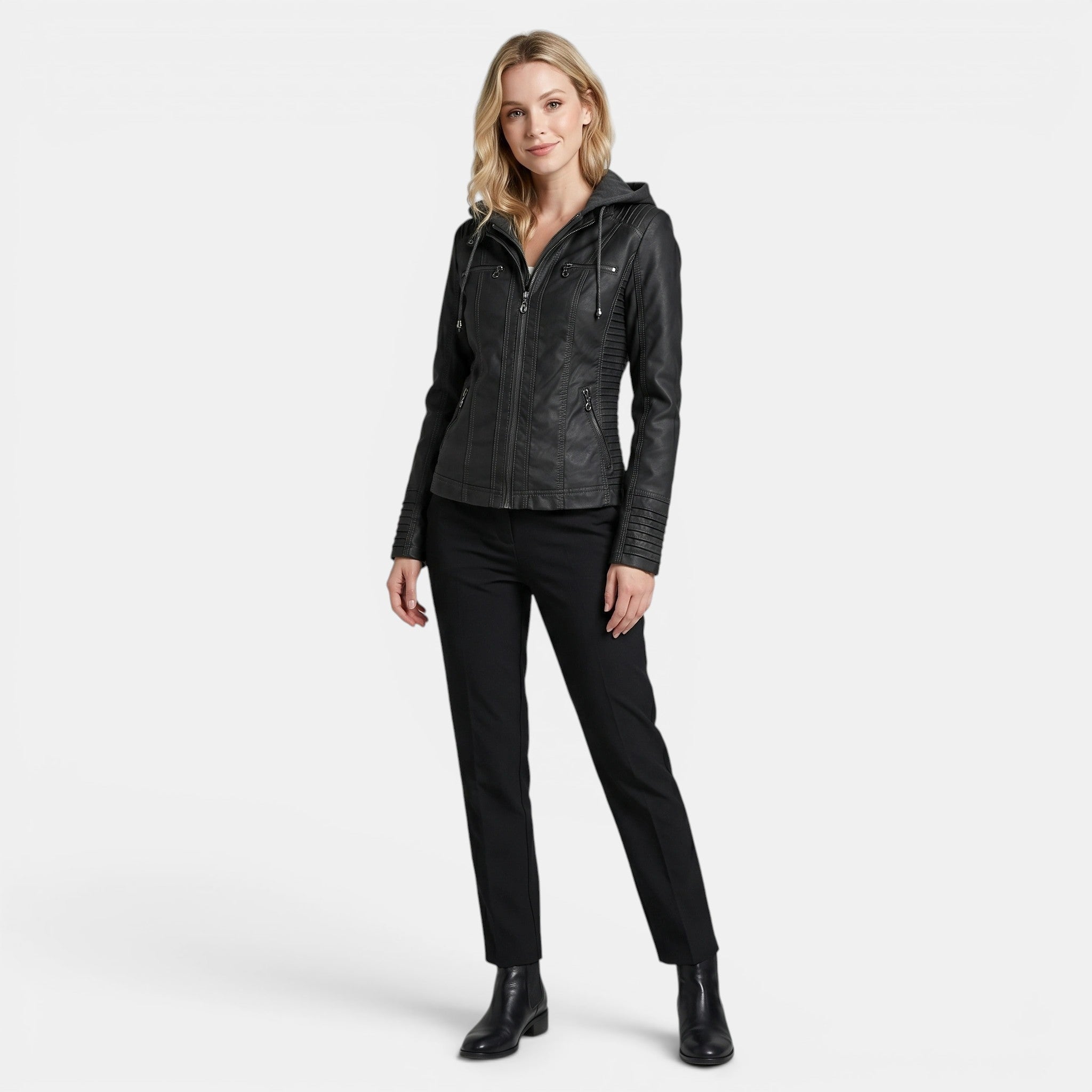 Women's Hooded Leather Jacket Slim Fit Zip Up Coat SnugBubs Australia