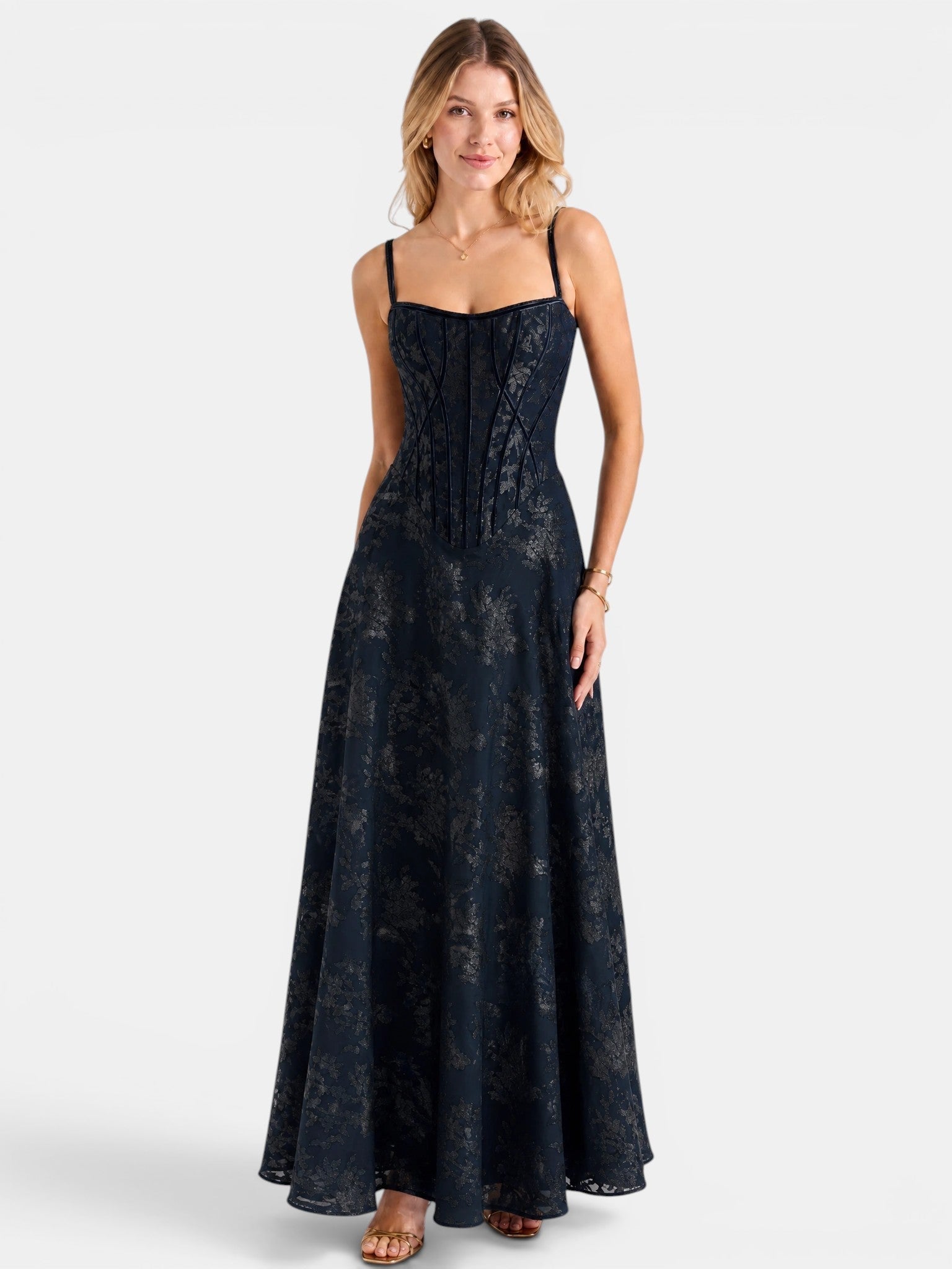 Gleamond | Spaghetti Strap Chiffon Floral Formal Dress Gleamond