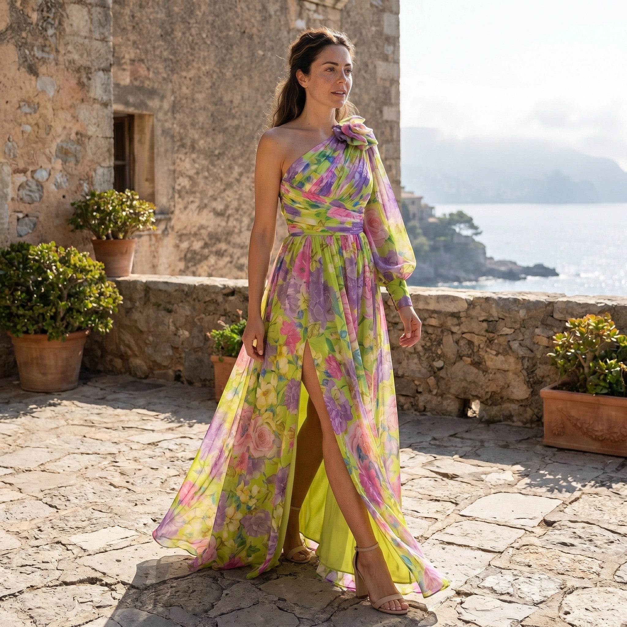 Women's One Shoulder Floral Maxi Dress Elegant Occasion Wear SnugBubs Australia